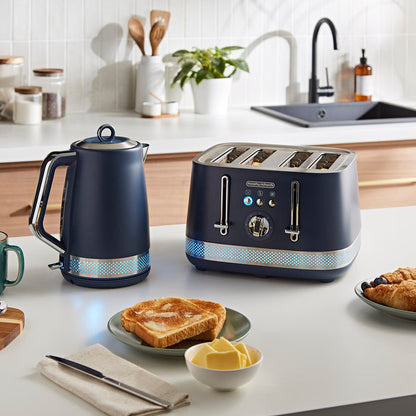 blue kettle and toaster set in kitchen