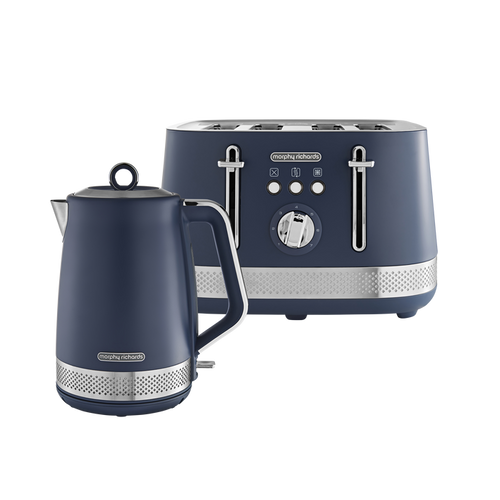 Navy blue kettle and toaster set on a white background