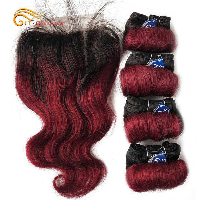 A set of hair extensions with closure, showcasing loose wave texture in burgundy color, packaged in four bundles.