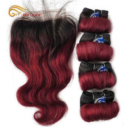 A set of hair extensions with closure, showcasing loose wave texture in burgundy color, packaged in four bundles.