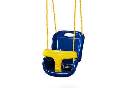 Infant Swing with high back, secure yellow T-bar, yellow ropes, available in blue, green, or pink for swing set attachment