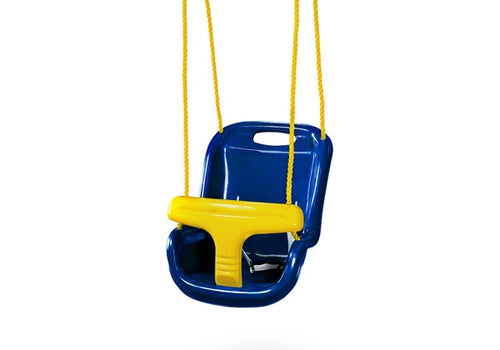 Infant Swing with high back, secure yellow T-bar, yellow ropes, available in blue, green, or pink for swing set attachment