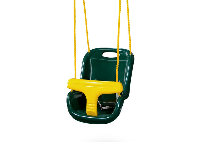 Green high-back infant swing with molded seat, yellow safety bar, and secure straps for head and back support