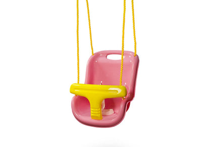 Pink high-back infant swing seat with yellow safety bar and ropes, designed for secure outdoor play.