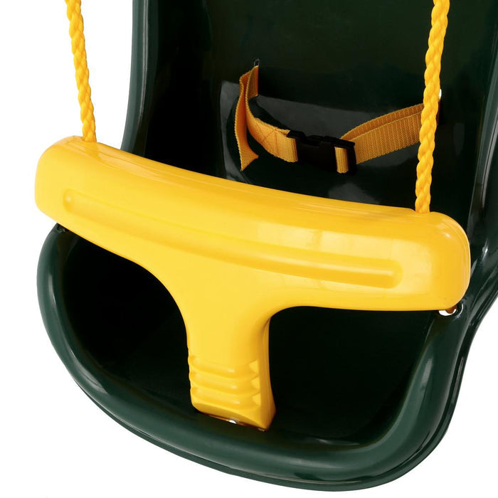 High-back dark green infant swing seat with yellow safety bar and secure straps for outdoor play