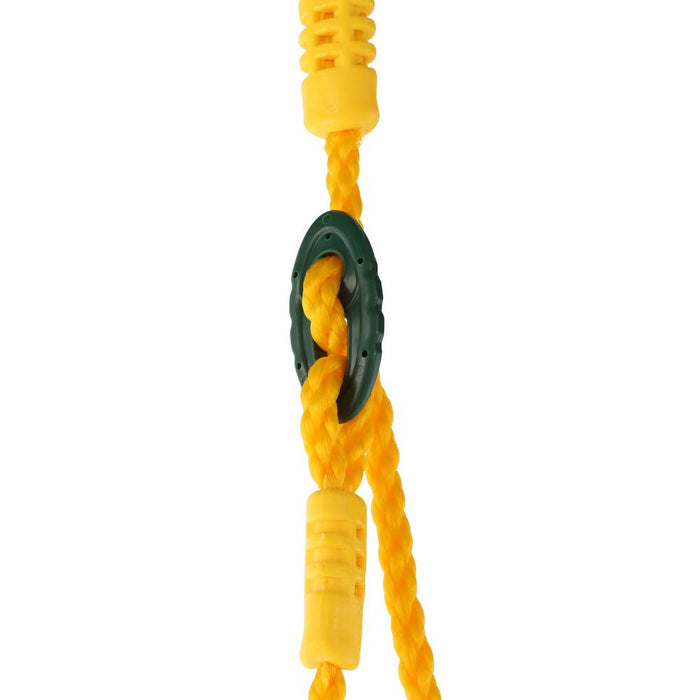 Close-up of yellow braided swing ropes with plastic grips and a dark green rope connector for infant swing attachment