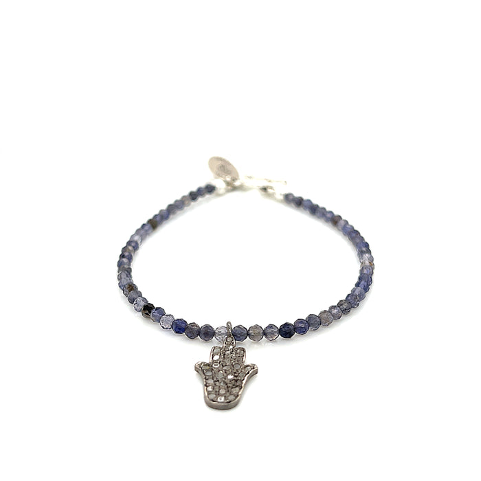 Iolite gemstone bracelet with  Diamond Hamsa pendant