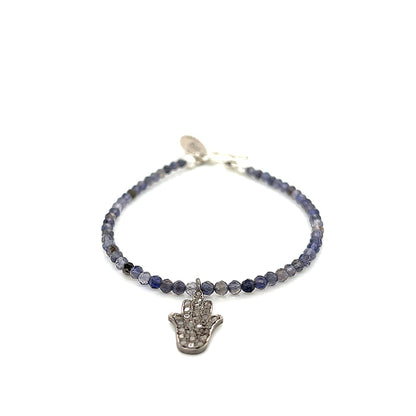 Iolite gemstone bracelet with  Diamond Hamsa pendant