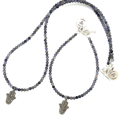 Iolite gemstone bracelet with  Diamond Hamsa pendant