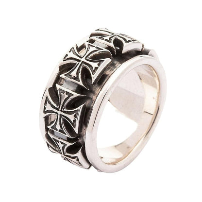 The 14mm wide silver iron cross ring, highlighting its substantial thickness.