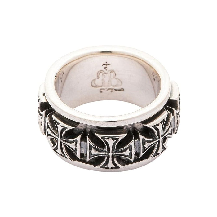 Top-down view of the men's iron cross spinner ring showing the detailed cross pattern.