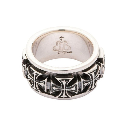 Top-down view of the men's iron cross spinner ring showing the detailed cross pattern.