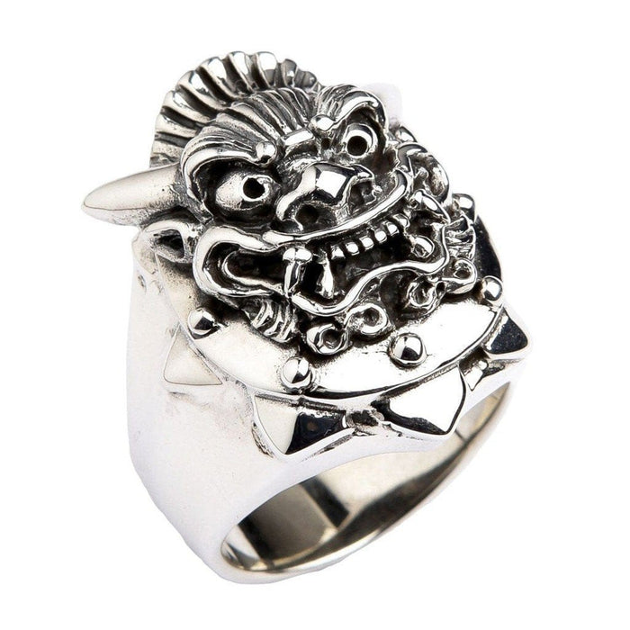 Angled view of heavy .925 sterling silver Hannya ring highlighting wide star-shaped band base and sculptural demon mask crown