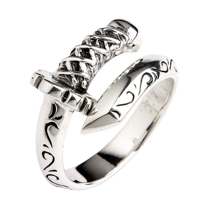 A handcrafted Japanese samurai sword ring in 925 sterling silver, showing the woven tsuka handle and engraved blade.