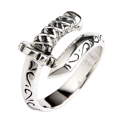 A handcrafted Japanese samurai sword ring in 925 sterling silver, showing the woven tsuka handle and engraved blade.