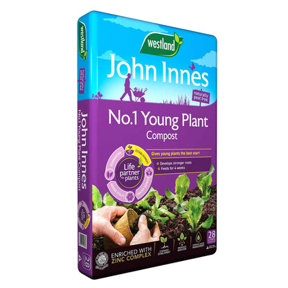 A bag of Westland John Innes No.1 Young Plant Compost, featuring a bright blue top section and a deep purple bottom section with product imagery of young plants and a hand holding a pot.