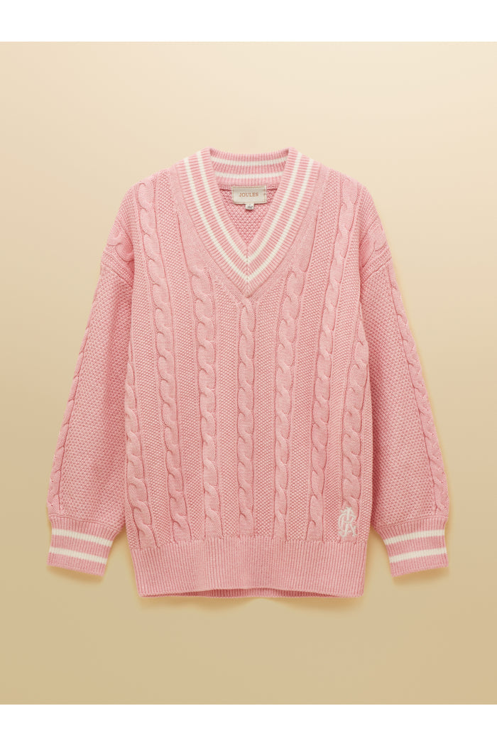 Joules W25282 Dibly Cable Knit Jumper – Pink featuring a V-neck, cable knit pattern, and striped ribbed cuffs by Joules. Shop Joules at Dotique.