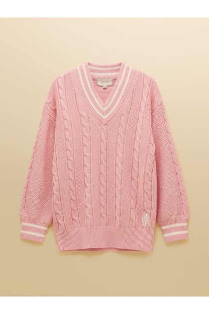 Joules W25282 Dibly Cable Knit Jumper – Pink featuring a V-neck, cable knit pattern, and striped ribbed cuffs by Joules. Shop Joules at Dotique.