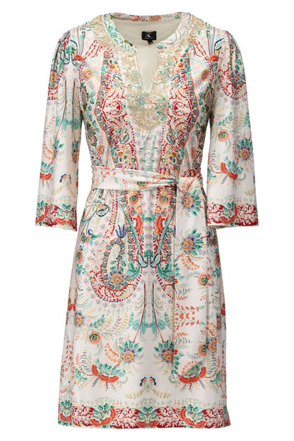 K-Design Y111 Beige Print Split Neck Dress & Belt - Dotique