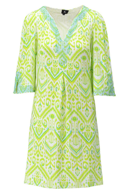 K-Design Y366 Green Print V-Neck Beaded Dress - Dotique