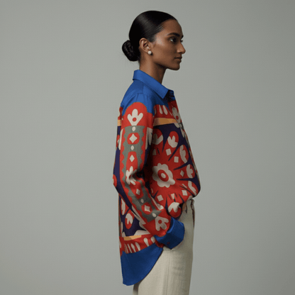 Kanaat - Blue Shirt for Women in Cotton and LInen - Naymish Designs