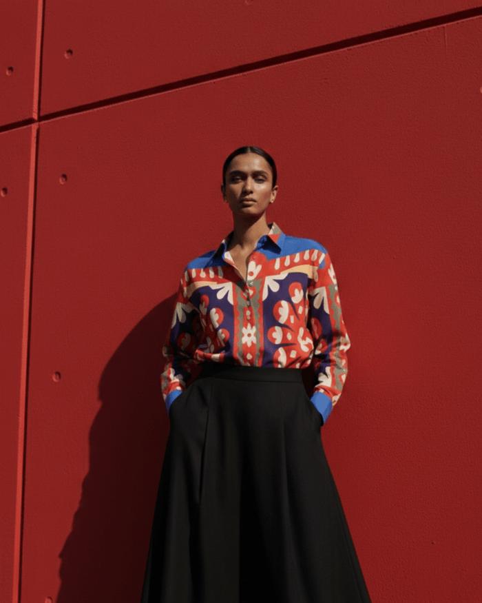 Kanaat - Blue Summer Shirt for Women in Cotton and Linen - Naymish Designs
