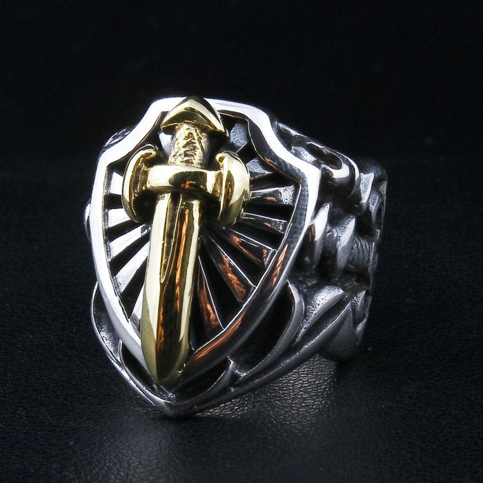 A detailed view of the other side of the gothic knight ring, highlighting the craftsmanship.