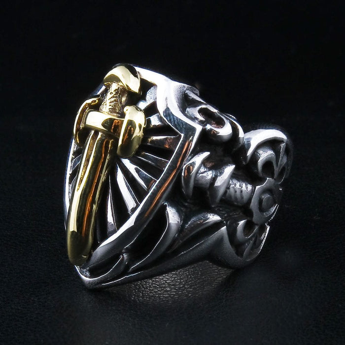 A side view of the men's medieval shield ring, showing the impressive 1-inch width.