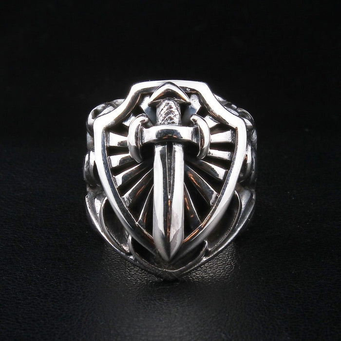 Front view of solid silver heater shield ring with sword emblem