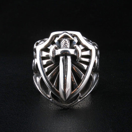Front view of solid silver heater shield ring with sword emblem