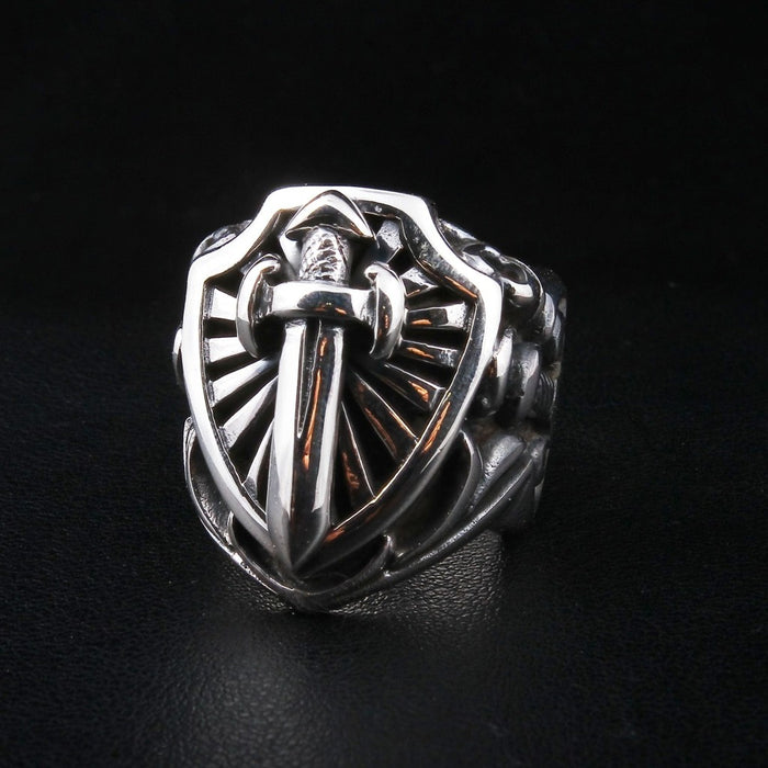 Top angled view showing the thickness of the silver sword ring
