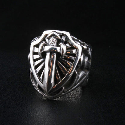 Top angled view showing the thickness of the silver sword ring