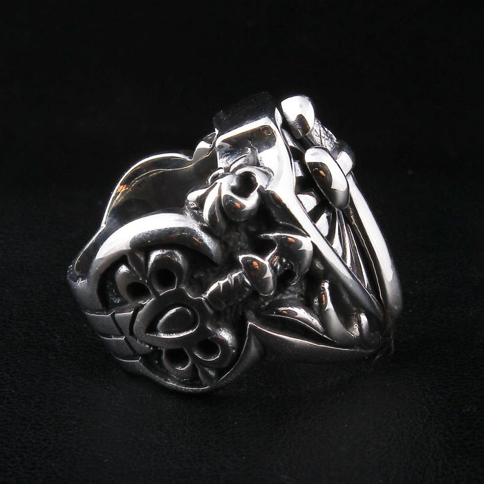 Side view of heavy 40g silver ring highlighting the shield depth