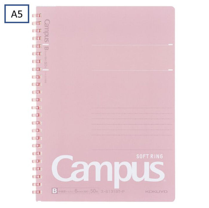Kokuyo Campus Soft Ring Notebook | A5 - 50 Sheets - 6mm Dotted Line | Pink