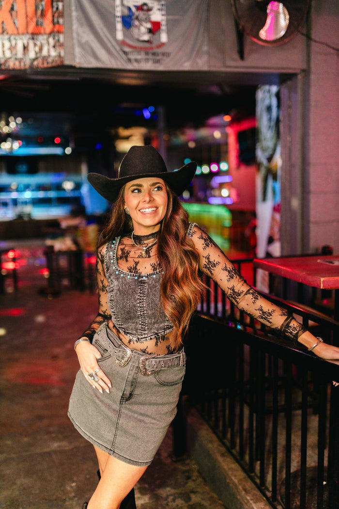 Lace Mesh Long Sleeve TopBlackS