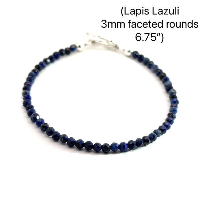 One 6.75'', 3mm faceted Lapis Lazuli gemstone bracelet w/SS toggle - new