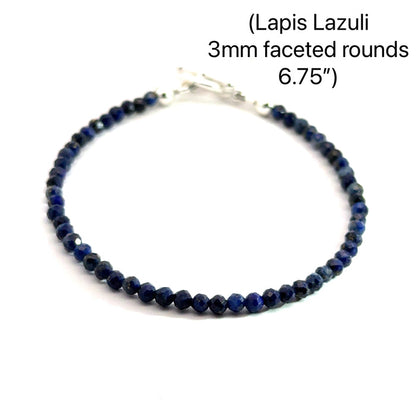 One 6.75'', 3mm faceted Lapis Lazuli gemstone bracelet w/SS toggle - new