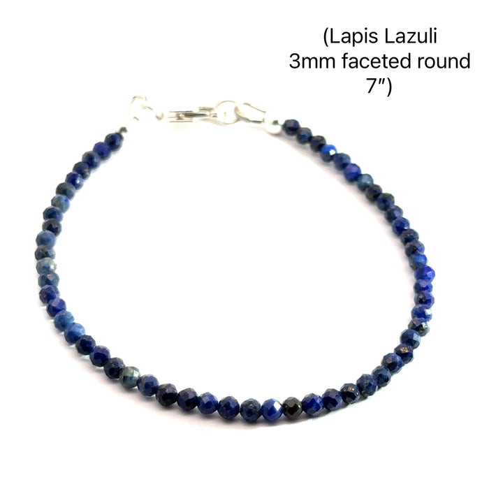One 7'', 3mm Lapis Lazuli faceted gemstone bracelet w/SS lobster claw - new