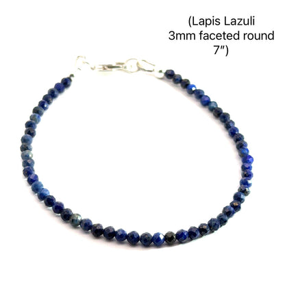 One 7'', 3mm Lapis Lazuli faceted gemstone bracelet w/SS lobster claw - new