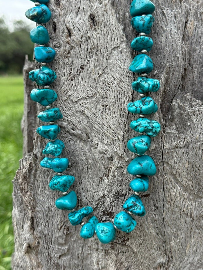 Large Blue Turquoise Nugget Beaded Necklace