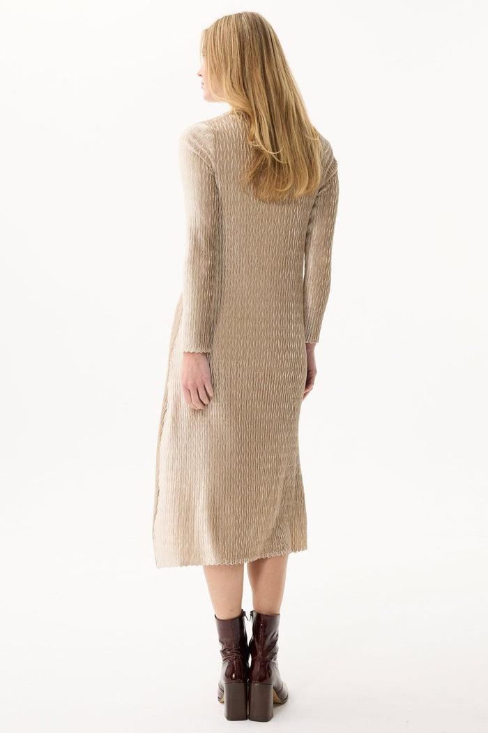 Leo & Ugo KHR982 Beige Gold V - Neck Velvet Midi Dress - Dotique - Leo & Ugo
