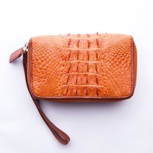 Front view of light brown genuine crocodile leather wallet showing tail skin texture