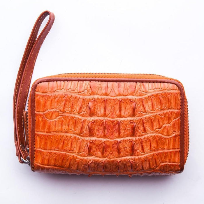 Back view of crocodile skin wallet featuring a convenient wrist strap