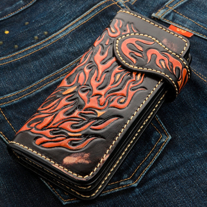 Close-up of the intricate hand-tooled leather carving showing the texture of back wallet.