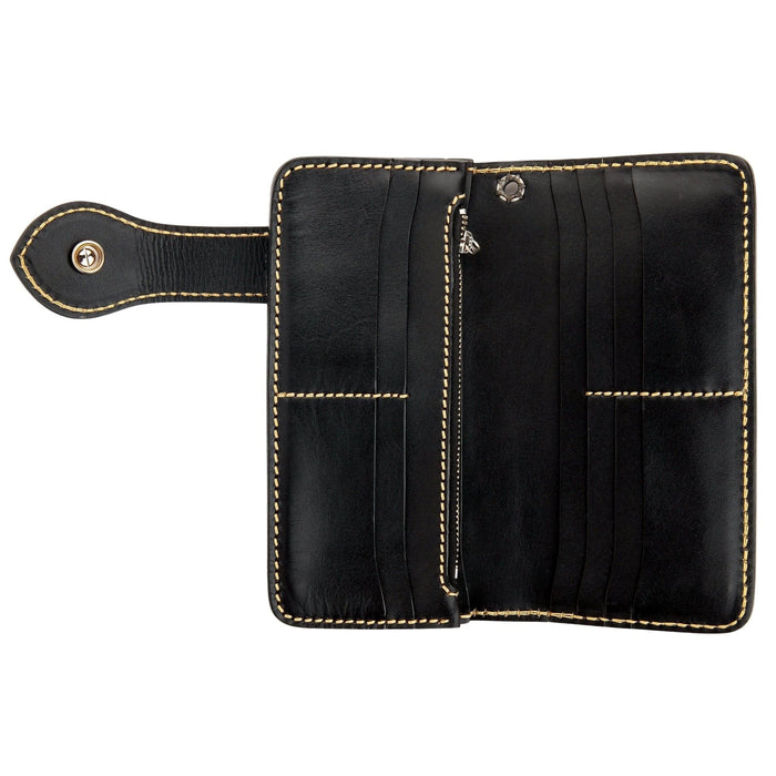 Interior layout of the long leather wallet displaying 10 credit card slots, bill compartments, and zipper pocket.
