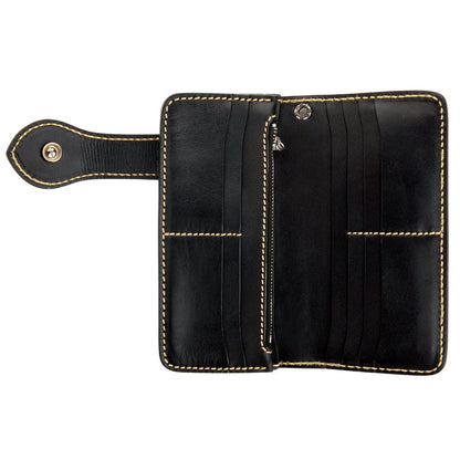 Interior layout of the long leather wallet displaying 10 credit card slots, bill compartments, and zipper pocket.