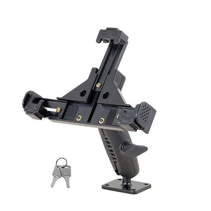 The LockVise™ Locking Phone Mount with 2.75 arm and metal AMPS drill base is shown in black, featuring an adjustable locking mechanism and two silver keys on a keyring for secure mounting.