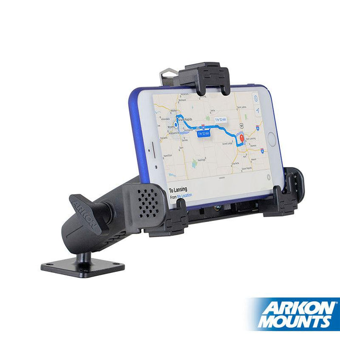 A smartphone is held in the LockVise™ Locking Phone Mount with 2.75 Arm and Metal AMPS Drill Base, displaying a GPS map. The adjustable holder is mounted on a flat surface, with the Arkon Mounts logo visible in the lower right corner.