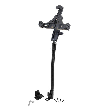 The LockVise™ Locking Seat Rail or Floor Phone Mount is a black adjustable holder with a flexible gooseneck stand, locking phone mount, mounting base, screws, and brackets, shown on a white background.