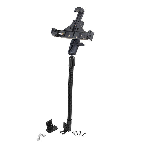 The LockVise™ Locking Seat Rail or Floor Phone Mount is a black adjustable holder with a flexible gooseneck stand, locking phone mount, mounting base, screws, and brackets, shown on a white background.